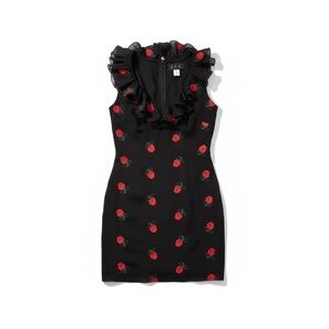 JSC Black mini Dress ruffled neckline with Red roses Floral Design size 8